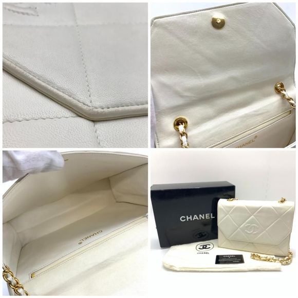 Chanel Lambskin Chain Shoulder Bag Gold Metal Fittings Here Mark Leather White - Picture 10 of 10